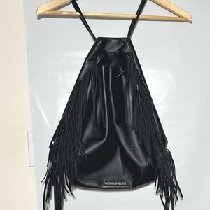 Victoria's Secret black faux leather tassel fringe drawstring purse backpack